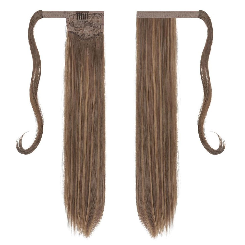 Хвіст накладний каштаново-русявий 60 см прямий довгий, шиньйон на липучці для швидкого нарощування коричневий з меліруванням Київ - фото 2