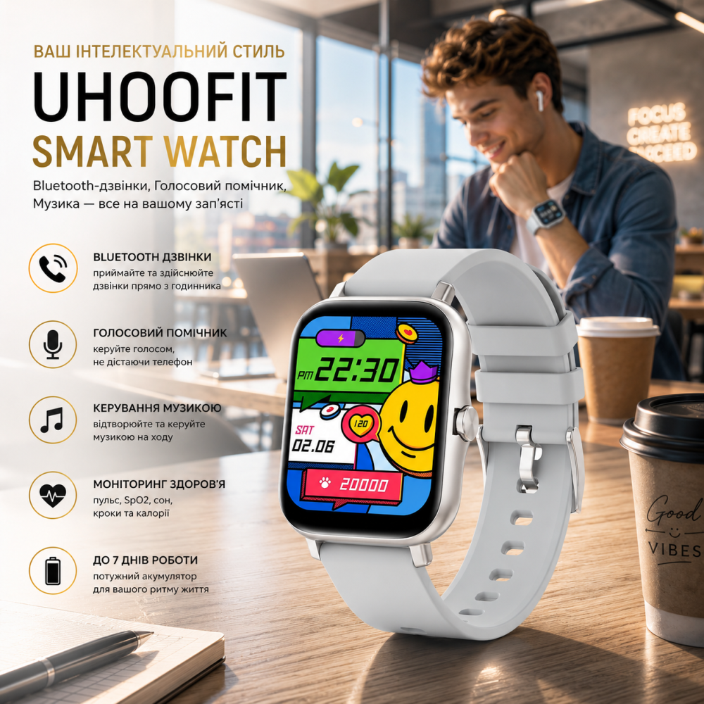 Смарт-годинник UHOOFIT Smart Watch: Bluetooth-дзвінки, Голосовий помічник, Музика — Ваш інтелектуальний стиль (Сріблястий) Київ - фото 7