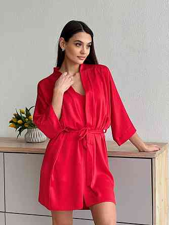 Халат женский атласный под пояс длина 90см Красный 3XL/4XL Харьков