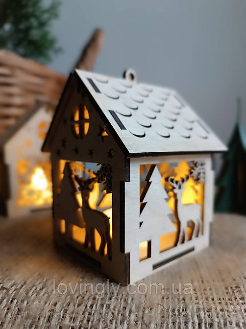 Эко-домик из дерева с LED подсветкой 13 см -креативный подарок и зимний декор Ирпень - изображение 1