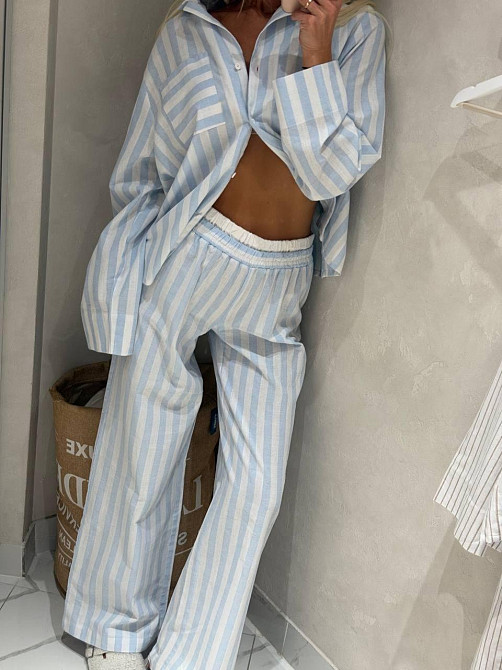 Жіноча смугаста піжама двійка з льону Одеса - фото 1