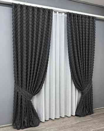 Комплект штор VR-Textil Лен Букле 200х270 2шт и Тюль 600х270 1810ш-115т Графитовый с белым 71-038/7 Киев