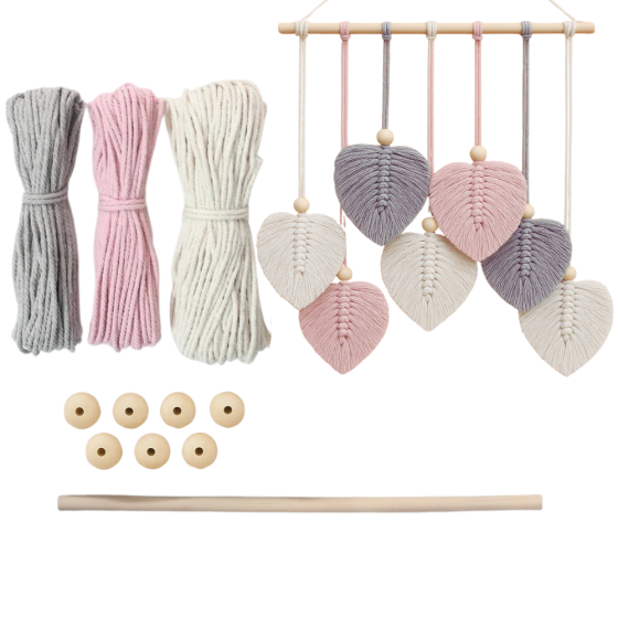 Набір макраме для ручного в'язання гобелена настінного декору «Листя» 37х30см, для рукоділля рожево-сірий Кам'янець-Подільський