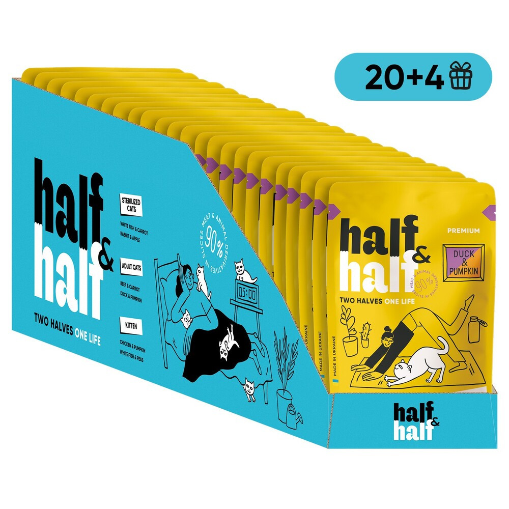 НАБОР Корм влажный Half&Half для взрослых кошек с уткой и тыквой в соусе 20+4 шт 85г. Киев - изображение 1