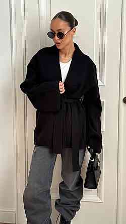 Женский уютный базовый кардиган оверсайз с поясом турецкая вязка ангора Черный Одесса