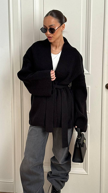 Женский уютный базовый кардиган оверсайз с поясом турецкая вязка ангора Черный Одесса - изображение 5