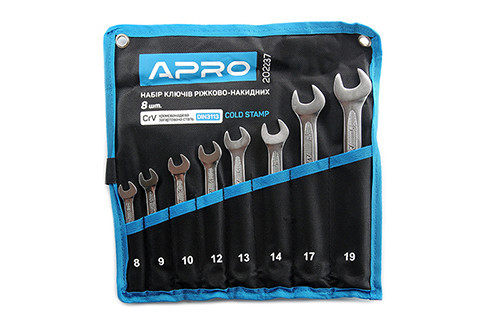 Набір ключів рожково-накидних CrV 8 шт (8-10, 12-14, 17, 19 мм) холодне штампування DIN3113 APRO Харків - фото 1