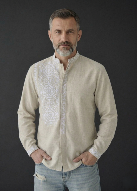 Лляна бежева вишиванка з білим орнаментом на ґудзиках Каскад 58 Київ - фото 1