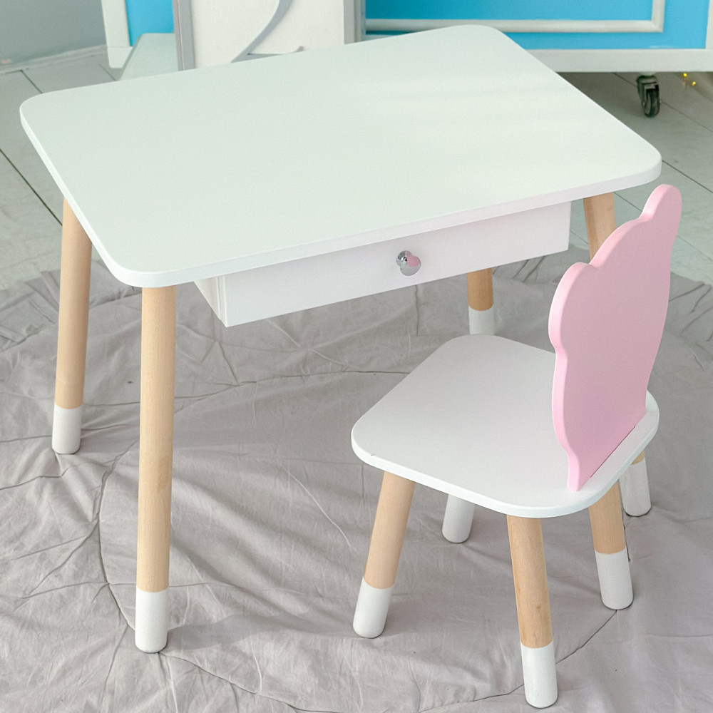 Детский столик белый и стульчик мишка розово-белый. Столик с ящиком для карандашей и разукрашек 21441 Киев - изображение 1