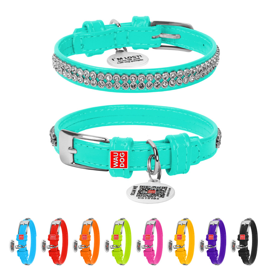 Нашийник для собак шкіряний WAUDOG Glamour з QR паспортом, з прикрасою "Полотно стрази", XS, Ш Коломия - фото 1