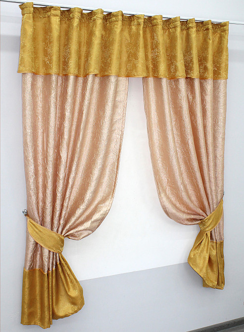 Кухонные шторы VR-Textil № 073к с ламбрекеном и подхватами персиковый с золотистым 270х170 см (52-0146) Киев - изображение 2