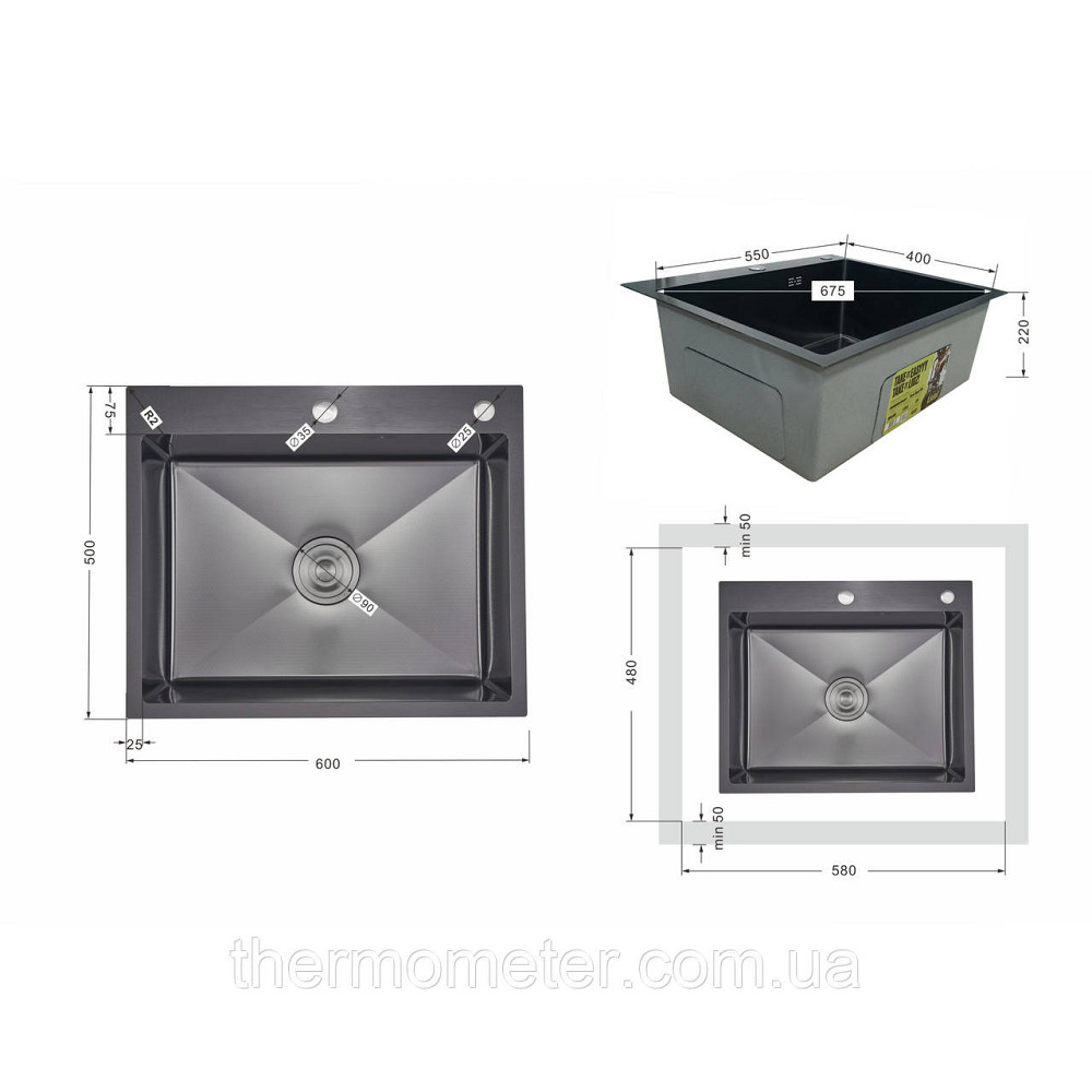 Lidz Handmade H6050HB Мойка для кухни интегрированная Decor Black PVD Honeycomb 2,5/0,5 мм LDH6050BDECPVD48371 Киев - изображение 2