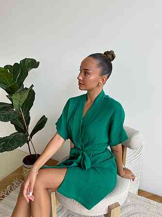 Халат жіночий літній бавовна з мусліну короткий COSY Hawaii з коротким рукавом на запах з кишенями зелений Одеса