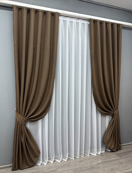 Комплект готових штор VR-Textil Льон-блекаут Льон Мішковина № 277ш Коричневий 200х270см 2 шт (32-001) Київ - фото 3