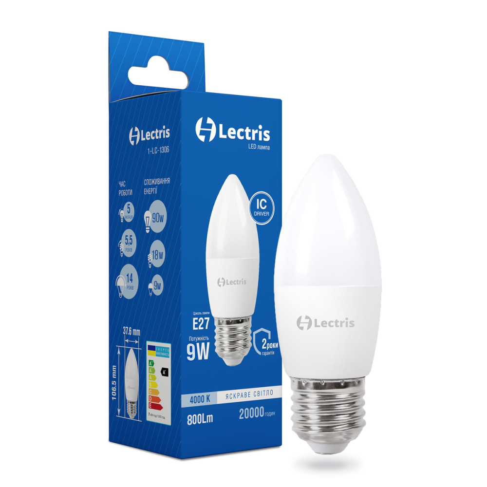 Свічка лампочка 9W 4000K E27 Lectris Київ - фото 1