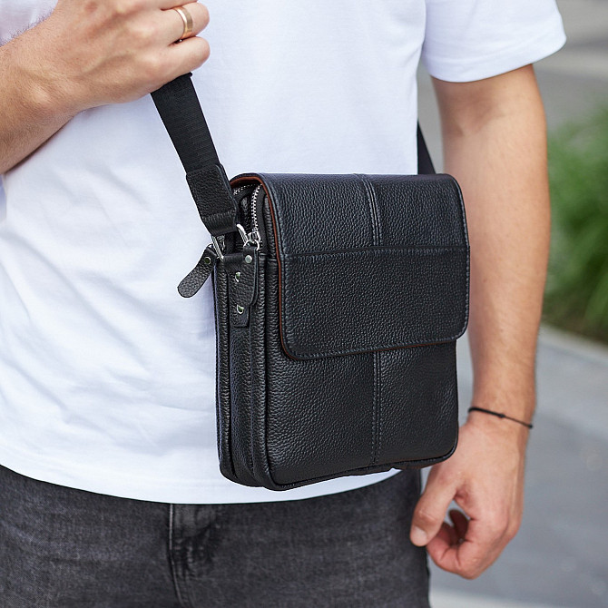 Чоловіча шкіряна чорна сумка через плече Tiding Bag M1254A Кам'янське - фото 9