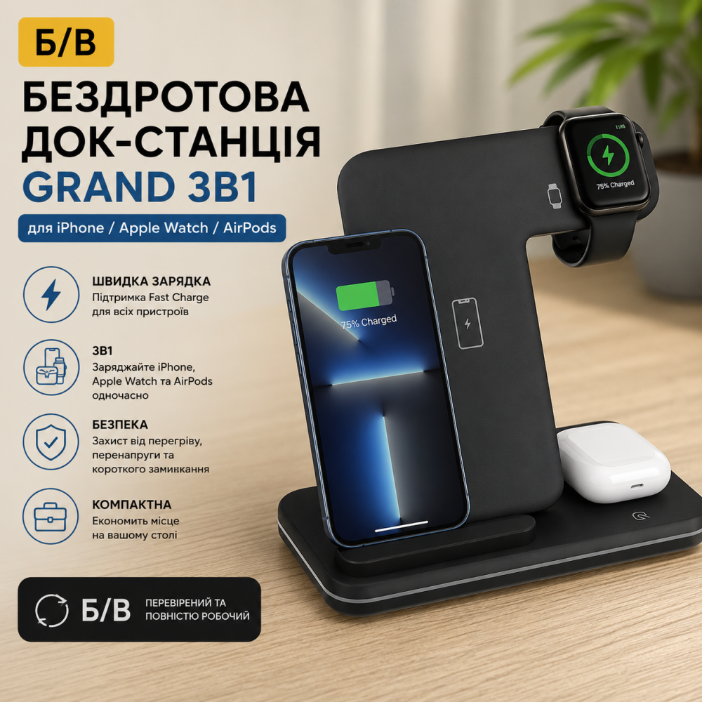 Б/В Бездротова док-станція Grand 3в1 для iPhone / Apple Watch / AirPods: швидка зарядка (Чорна) Київ - фото 9