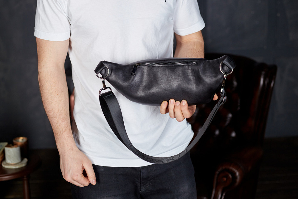 Сумка-бананка для телефону 11х25х8, стильний слінг із натуральної гладкої шкіри TD-31848 чорний Кам'янське - фото 15