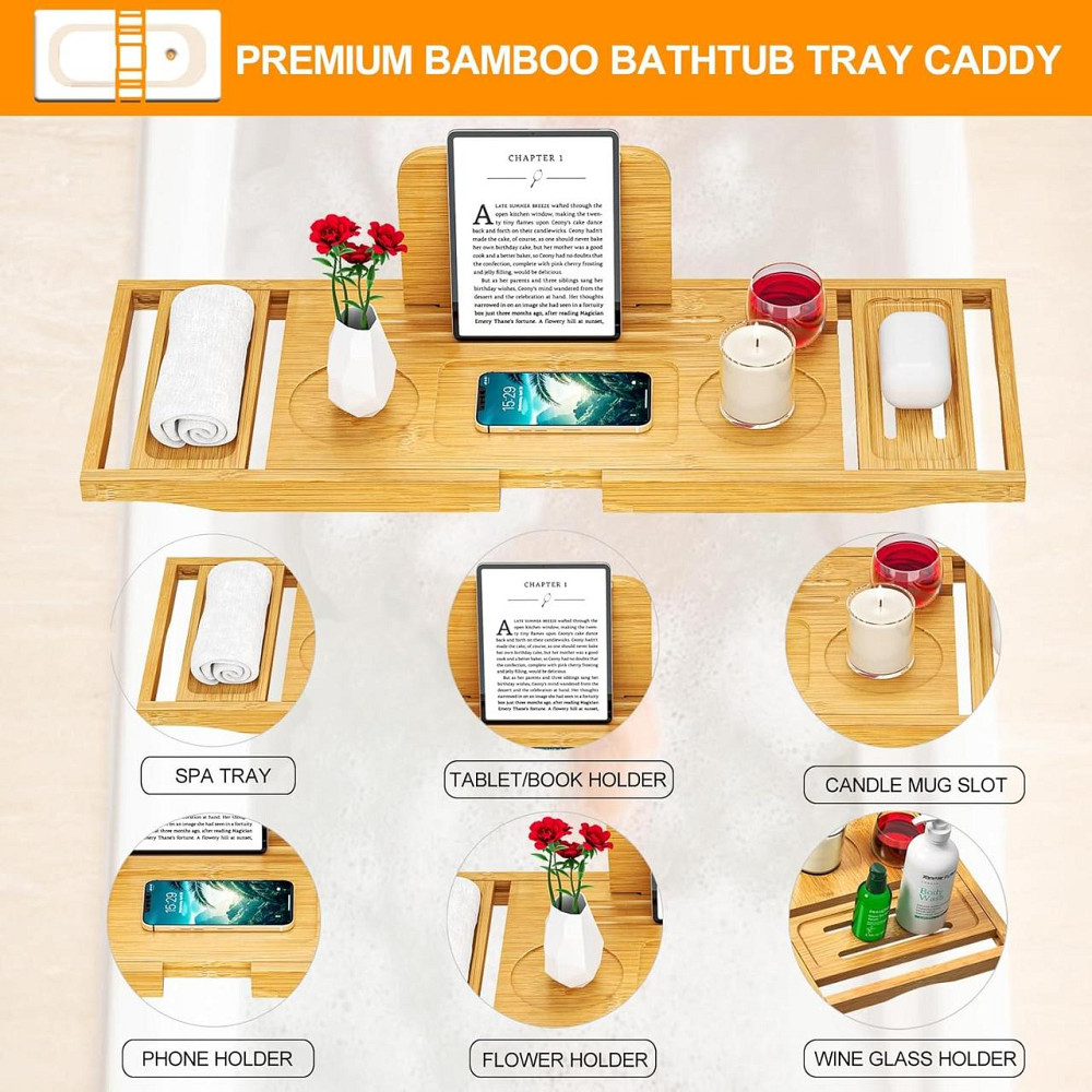Піднос для ванни Bathtub Tray Caddy бамбук розсувний підставка для келиха планшета регульований Київ - фото 4