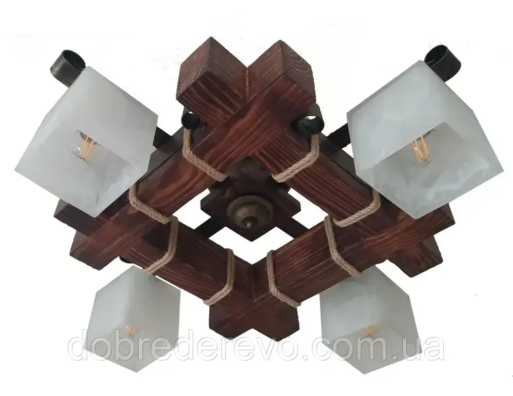 Люстра дерев'яна квадратна з склянним плафоном підвісна Вижниця - фото 3