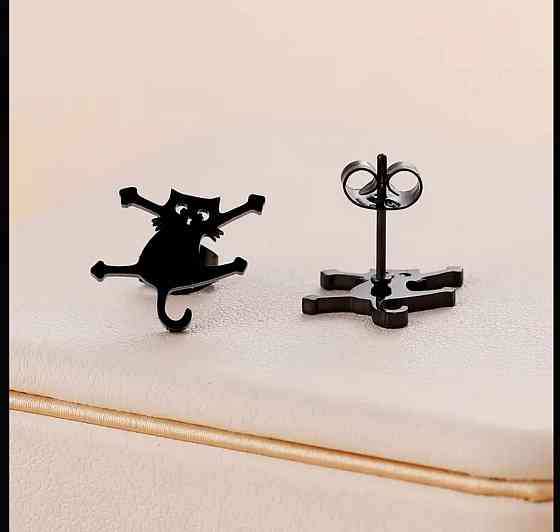 Серьги-гвоздики «Котик» чёрные – мини украшения из нержавеющей стали Киев
