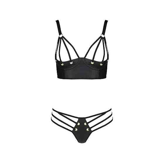 Комплект з екошкіри з люверсами та ремінцями Passion MALWIA BIKINI S/M, black, бра та трусики Sex Aura Київ