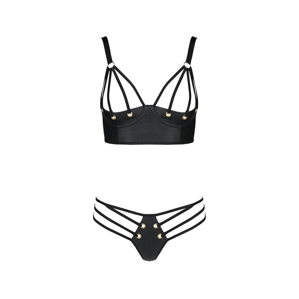 Комплект з екошкіри з люверсами та ремінцями Passion MALWIA BIKINI S/M, black, бра та трусики Sex Aura Київ - фото 3