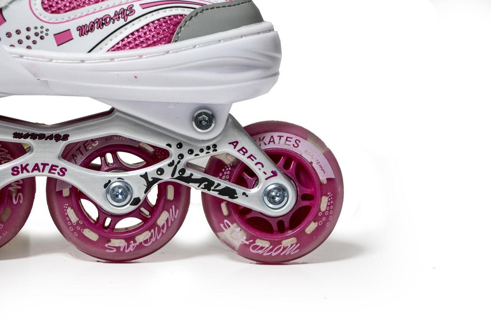 Комплект роликов (с переставными колесами) с защитой и шлемом Happy. Малиновый цвет. Размер 34-38 Одесса - изображение 7