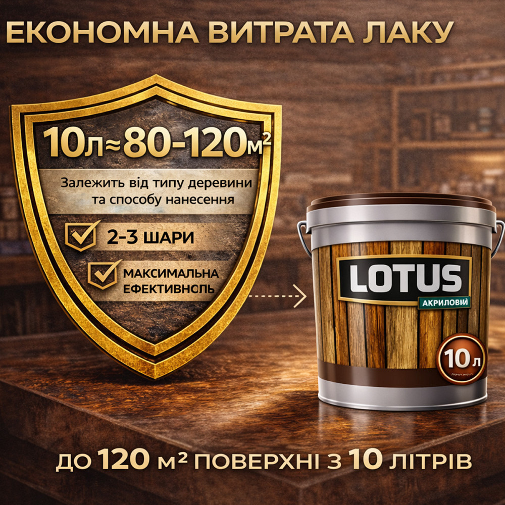 Лак для дерева кольоровий LOTUS Тік, глянцевий, без запаху, зносостійкий, для внутрішніх та зовнішніх робіт, 10 л Харків - фото 6