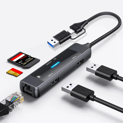 Концентратор XoKo USB-C 5-in-1 USB 3.0 + USB 2.0 + SD/TF + RJ45 100Mbps silver (XK-AC-350) Вінниця - фото 3