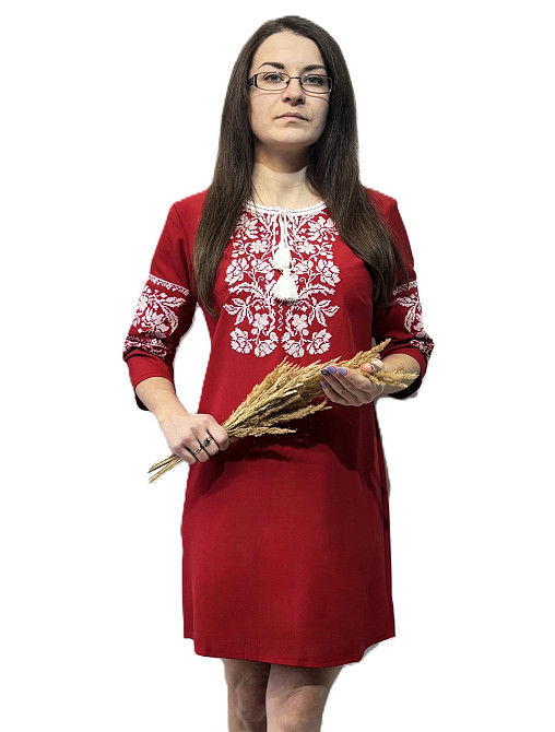 Жіноче червоне вишите плаття з квітковою білою вишивкою 40 Київ - фото 1