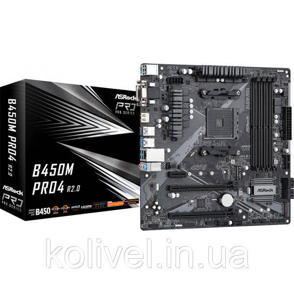 ASRock B450M Pro4 R2.0 (AM4/B450, 4*DDR4, 2xPCIex16, DVI-D/HDMI/VGA, 4xSATAІІІ, M.2, GLan, 8ch, mATX (B450M Київ - фото 5