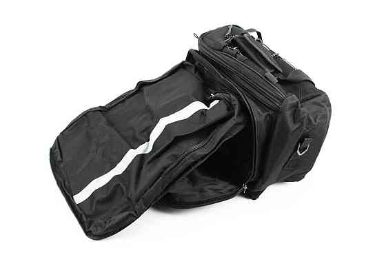 Сумка трансформер на багажник, розкладні бічні кишені, світловідбиваючі смуги, чорно-сіра, НЕ оригінал Київ