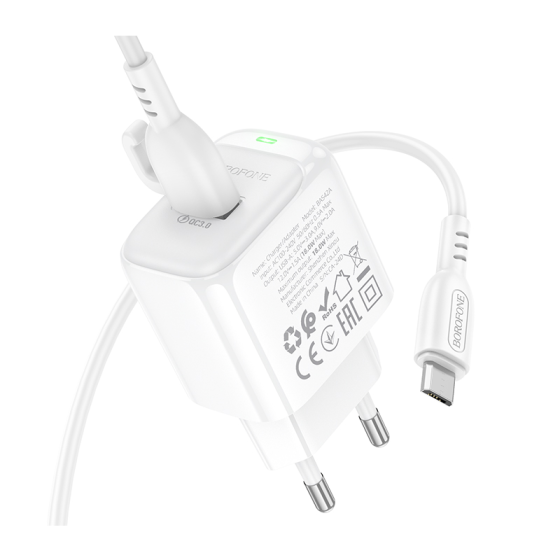 Мережевий зарядний пристрій з кабелем BOROFONE BAS42A Potential single-port QC3.0 charger set(Micro)(EU) White Одеса