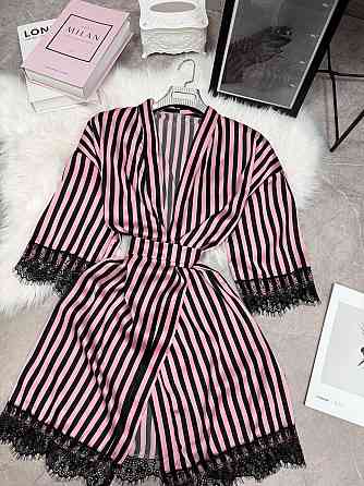 Женский домашний халат в полоску шелк армани с кружевом Розовый, Oversize 42/46 Одесса