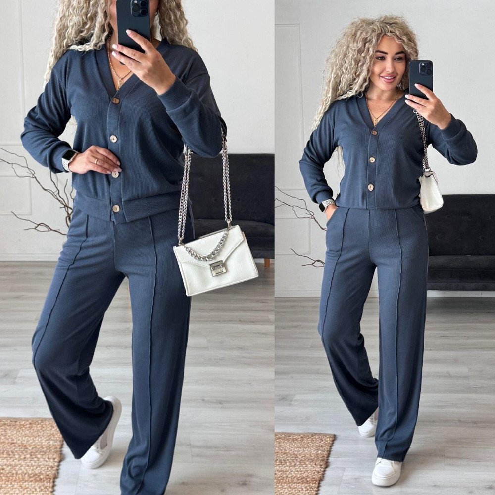 Жіночий стильний повсякденний костюм-двійка: кардиган на ґудзиках + штани трикотажний рубчик Графіт, 50/52 Одеса - фото 9