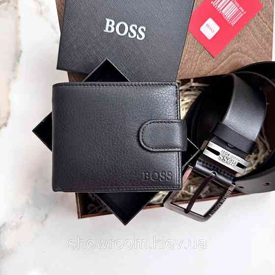 Мужской подарочный набор ремень и портмоне в деревянной коробке Boss (202) Киев