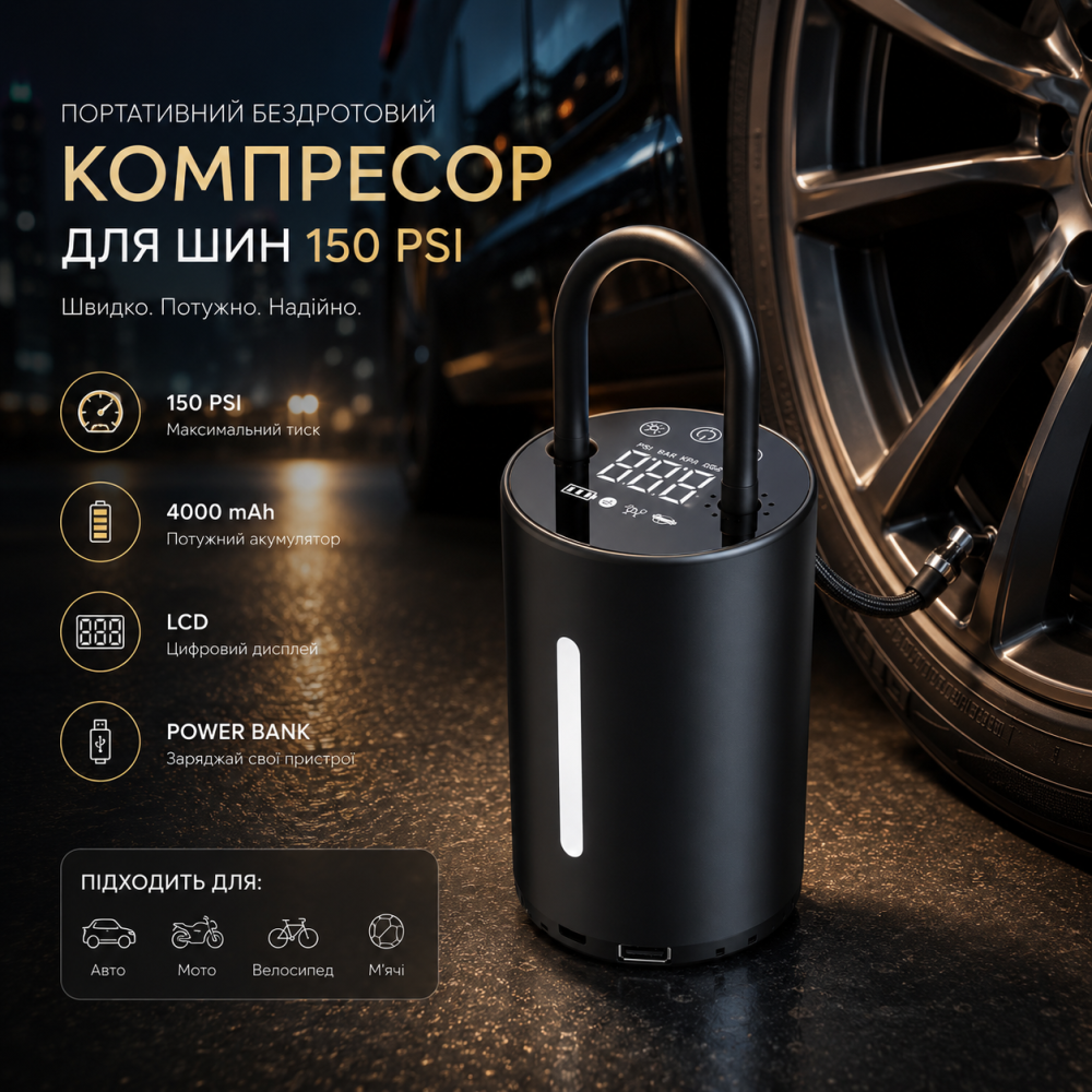 Портативний бездротовий компресор для шин 150 PSI, акумуляторний насос 4000 mAh з LCD-дисплеєм та Power Bank Київ - фото 1