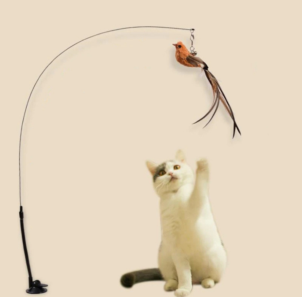 Игрушка для котика на палочке птичка с колокольчиком на присоске 93 см коричневый Киев - изображение 1