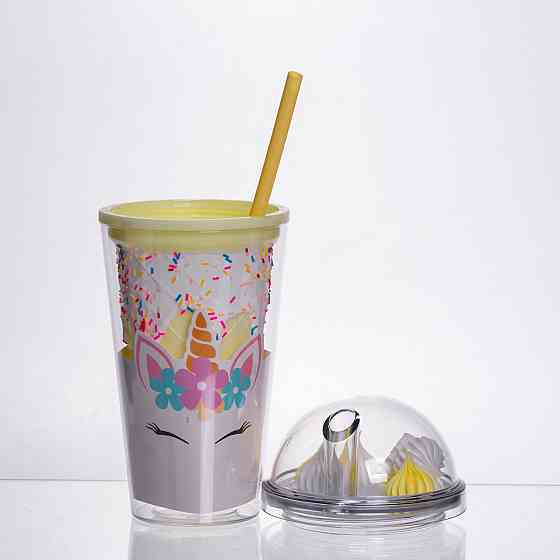 пластиковий стакан з трубочкою і кришкою 400 мл багаторазовий Жовтий HP-18-1Y Коломыя