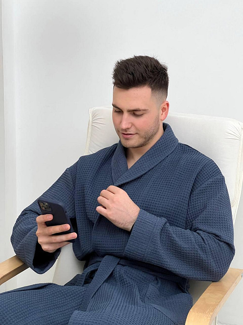 Халат мужской вафельный банный синий без капюшона COSY Сапфир хлопковый M Одесса - изображение 2