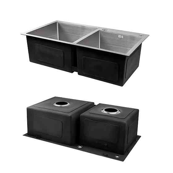 Комплект Lidz Handmade H7843 Мойка для кухни с двумя чашами интегрированная Brushed в комплекте с дозатором + Lidz K01G Корзина Киев