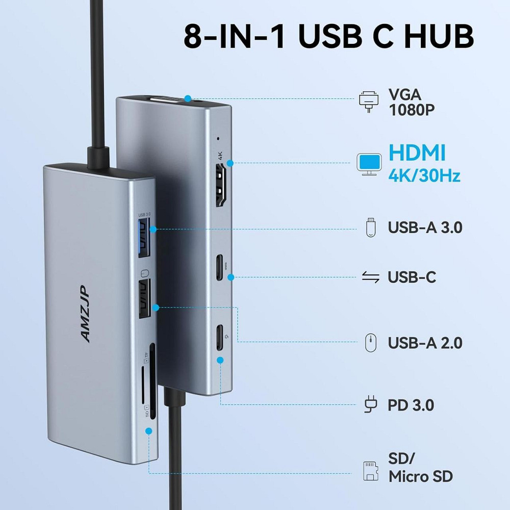 Хаб 8-в-1, многопортовый концентратор USB-C с HDMI 4K, VGA 1080p PD 100W 2xUSB-A кардридеры SD/TF док-станция Киев - изображение 2