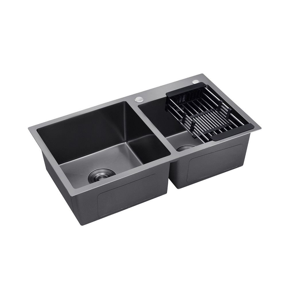 Кухонная мойка на 2 чаши Kroner KRP Schwarze - 7843ZHM PVD (3/1мм) черная Киев - изображение 4