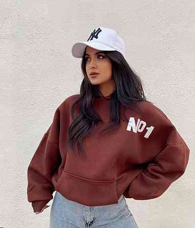 Женский базовый теплый оверсайз худи с накатом трехнитка на флисе Шоколад Одесса