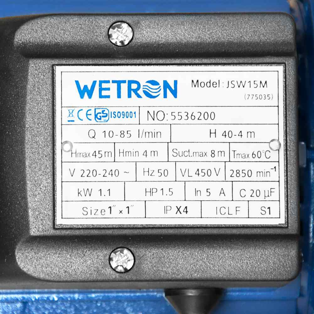 Насос відцентровий самовсмоктувальний 1.1 кВт Hmax 45 м Qmax 85 л/хв WETRON JSW15M (775035) Київ - фото 8