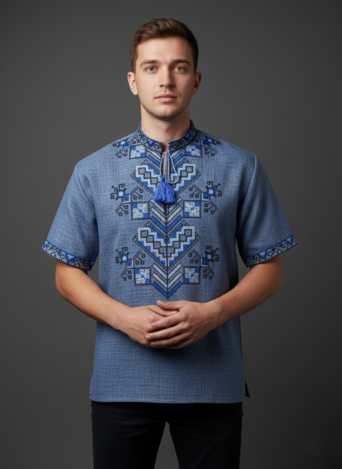 Мужская вышиванка на короткий рукав в джинсовом цвете Киев - изображение 1