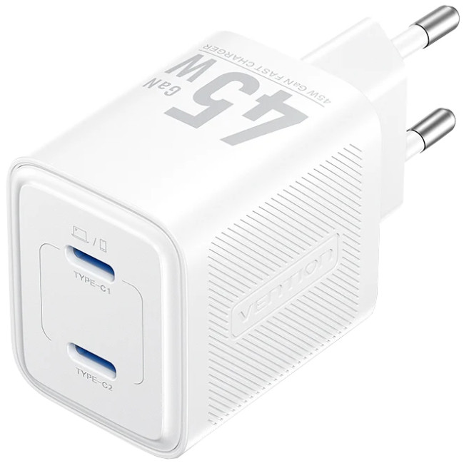 Зарядний пристрій 2xUSB-С 45W GaN білий Vention Вінниця - фото 1