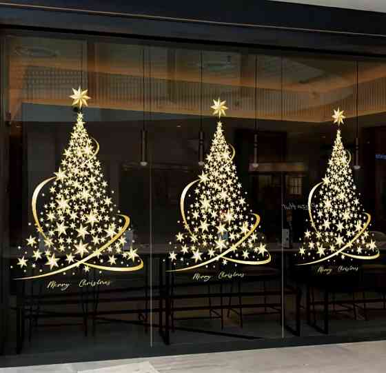 Наклейка новорічна на вікна Ялинка картина на 2-х листах розмірами 30на60см, силікон золотий Київ