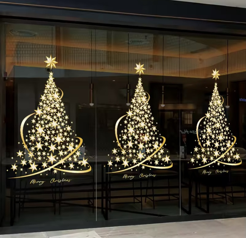 Наклейка новорічна на вікна Ялинка картина на 2-х листах розмірами 30на60см, силікон золотий Київ - фото 4